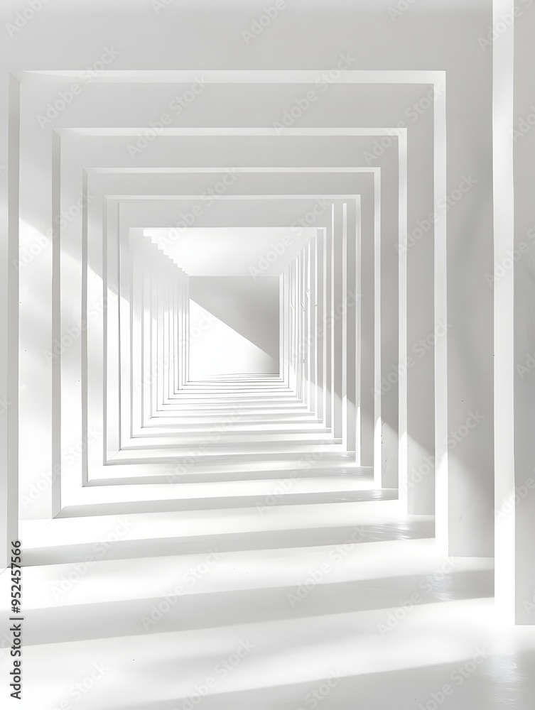 Fototapeta premium A minimalist hallway with an abstract design of white squares creating a sense of depth and perspective.