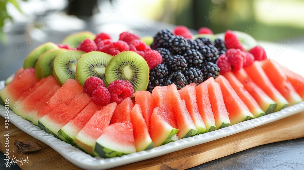 A colorful fruit platter with sliced watermelon, berries, and kiwi, perfect for a light and refreshing snack
