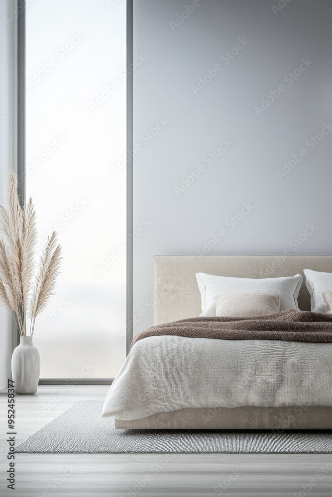 Bedroom interior design composition with an elegant bed, minimalist furniture and natural lighting.