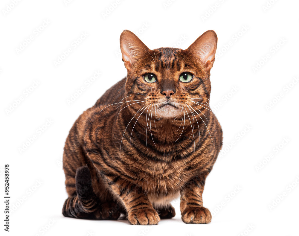 Brown toyger cat sitting and looking at camera on white background Brown toyger cat sitting and looking at camera on white background