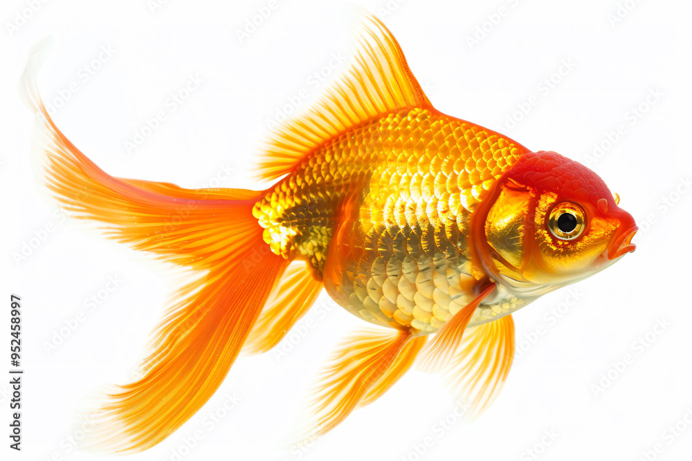 a goldfish with a red tail swimming in the water a goldfish with a red tail swimming in the water