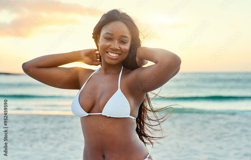 Black woman, portrait and sunset on beach for travel, summer and tropical vacation in Bahamas with bikini. Female person, face and happy by ocean for dusk, adventure and holiday with swimwear and fun Black woman, portrait and sunset on beach for travel, summer and tropical vacation in Bahamas with bikini. Female person, face and happy by ocean for dusk, adventure and holiday with swimwear and fun