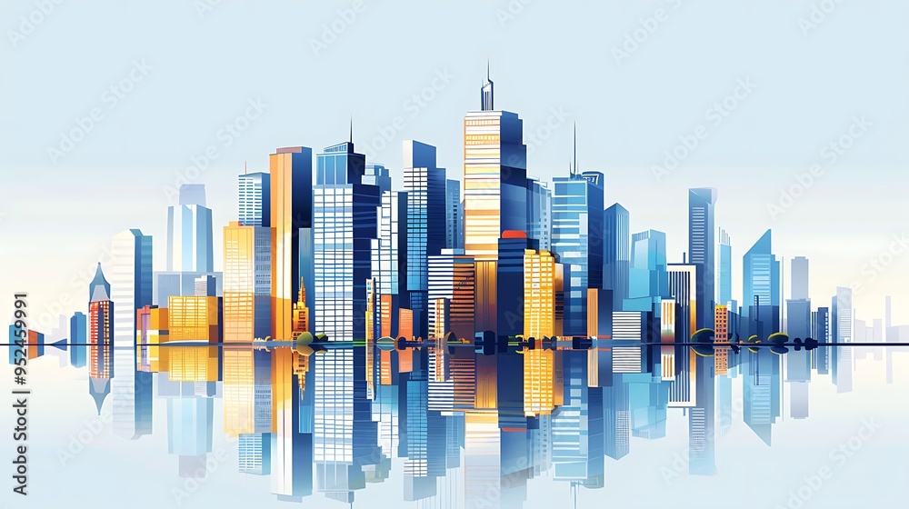 Modern City Skyline Reflected in Water Modern City Skyline Reflected in Water