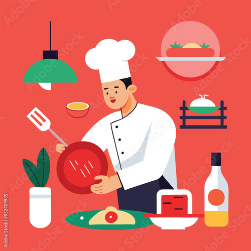 In the kitchen a gourmet chef meticulously prepare vector 