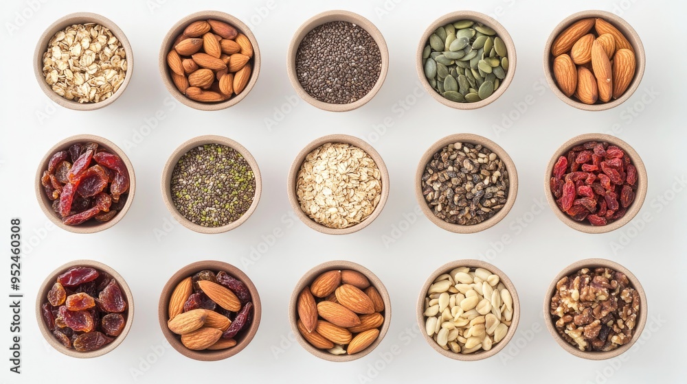 A flat lay of various nuts, seeds, and dried fruits in small bowls, representing healthy snack options A flat lay of various nuts, seeds, and dried fruits in small bowls, representing healthy snack options