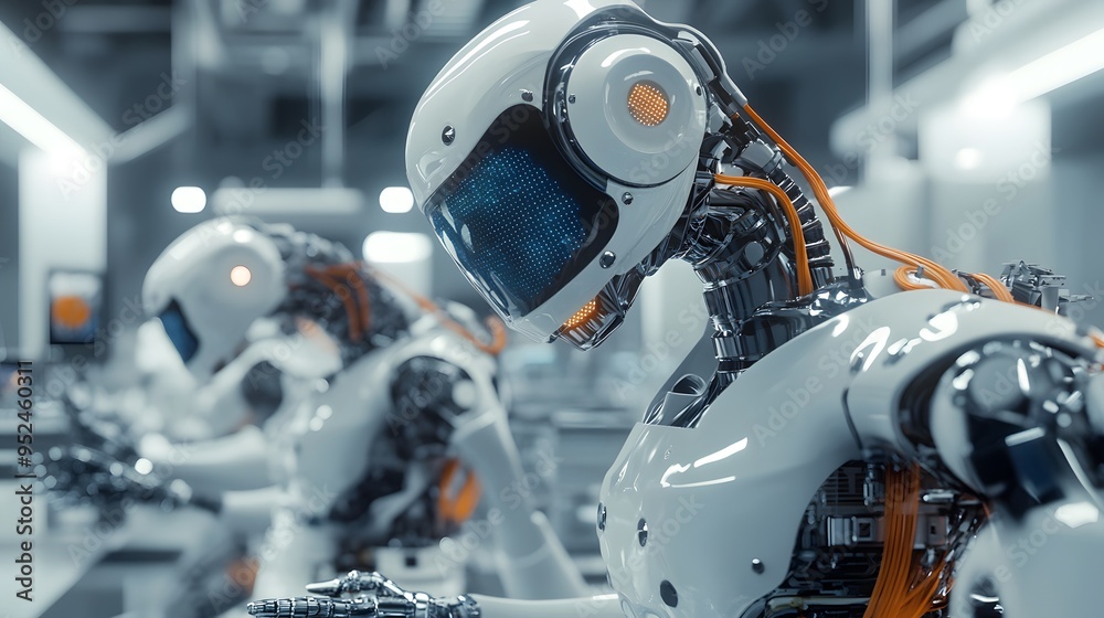 High-tech robot design lab with holographic projections and intricate robotic assembly Clean lines minimalist sterile environment with detailed 3D robots High-tech robot design lab with holographic projections and intricate robotic assembly Clean lines minimalist sterile environment with detailed 3D robots
