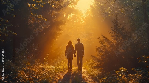 Wallpaper Mural A serene scene of a couple walking hand in hand along a forest trail, with the sunlight filtering through the trees and casting soft shadows on their path, Torontodigital.ca