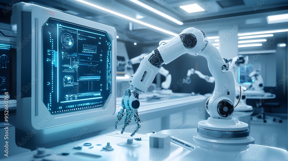Futuristic design lab with robotic parts being assembled and holographic displays Clean lines high-tech minimalist sterile setting detailed 3D robots Futuristic design lab with robotic parts being assembled and holographic displays Clean lines high-tech minimalist sterile setting detailed 3D robots
