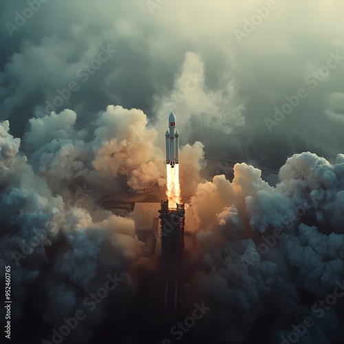 A powerful rocket blasts off into the cloudy sky, leaving a trail of smoke and fire in its wake.