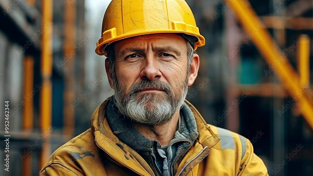 An adult man builder is pictured wearing a yellow hard hat and uniform. 