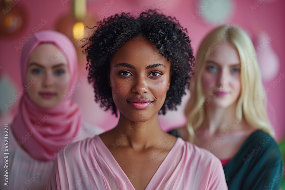 Three women with different hair colors and one wearing a pink scarf Three women with different hair colors and one wearing a pink scarf