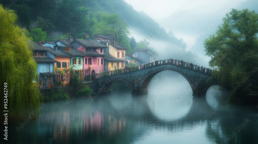 Fototapeta premium A serene landscape of colorful homes by a tranquil river. A graceful bridge arches over the water, surrounded by lush greenery. Perfect for relaxation and nature lovers. AI