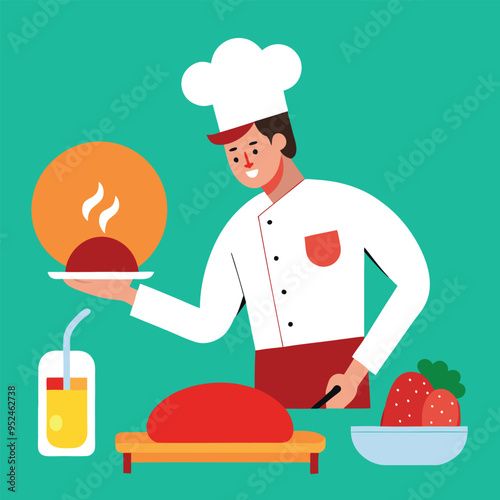 In the kitchen a gourmet chef meticulously prepare vector 