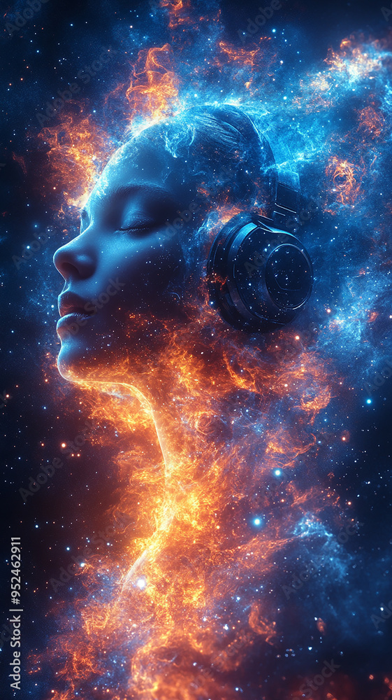 Fototapeta premium A woman's face is surrounded by a fiery orange and blue cloud
