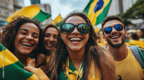 photo of group of cheerful brazilians with brazilian flags on street of rio de janeiro, brazil independence day, country symbol, festival, holiday, carnival, woman, man, celebration, yellow, green photo