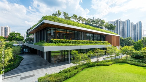 Modern building with a green roof and surrounding landscaped area.