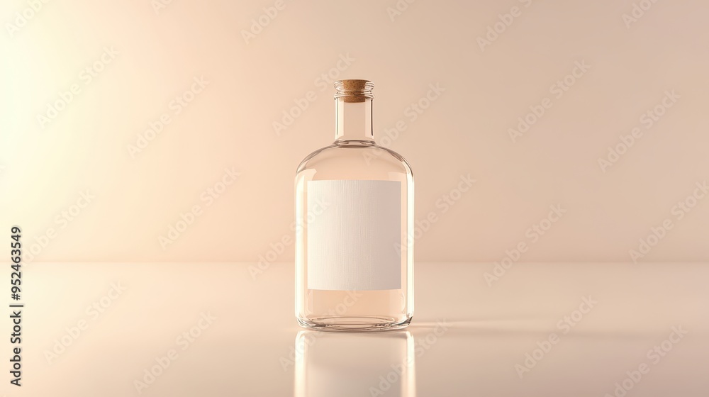 Mockup of Transparent Bottle with Blank Label on Reflective Surface with Subtle Lighting, Showcasing Shape and Design Mockup of Transparent Bottle with Blank Label on Reflective Surface with Subtle Lighting, Showcasing Shape and Design