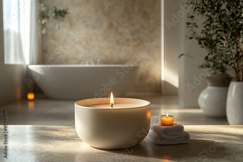 A candle is lit in a white bowl on a bathroom floor