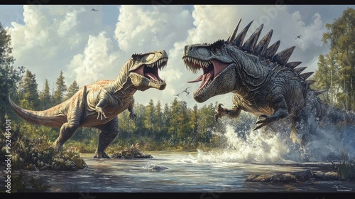 Fototapeta Naklejka Na Ścianę i Meble -  A confrontation between a T-Rex and a Spinosaurus, with both dinosaurs roaring at each other