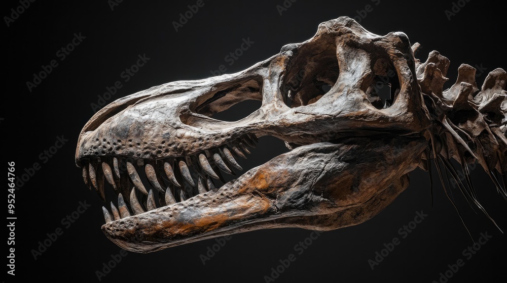 A high-resolution shot of a fossilized dinosaur skull, showcasing the structure and details of the ancient creature A high-resolution shot of a fossilized dinosaur skull, showcasing the structure and details of the ancient creature