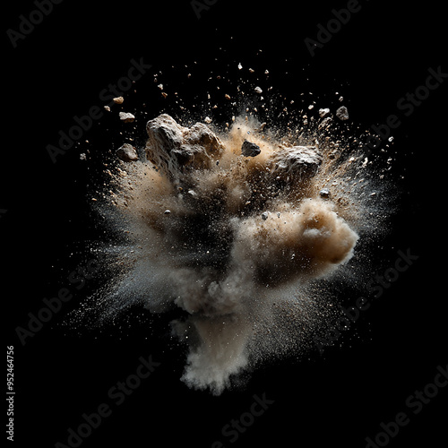 A large rock is thrown into the air, creating a cloud of dust and debris