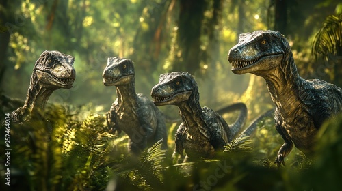 A pack of Velociraptors hunting together, stalking their prey through tall grass in a dense jungle