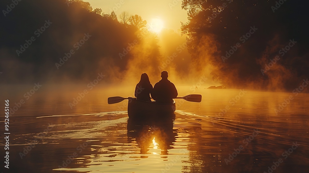 The couple paddling a canoe on a calm lake, enveloped in morning mist with the first rays of sunlight illuminating the scene, the surrounding trees barely visible through the fog, The couple paddling a canoe on a calm lake, enveloped in morning mist with the first rays of sunlight illuminating the scene, the surrounding trees barely visible through the fog,
