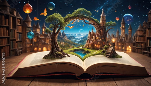 An open storybook reveals a breathtaking fantasy landscape with a majestic castle, serene lake, and lush vegetation under a twilight sky.