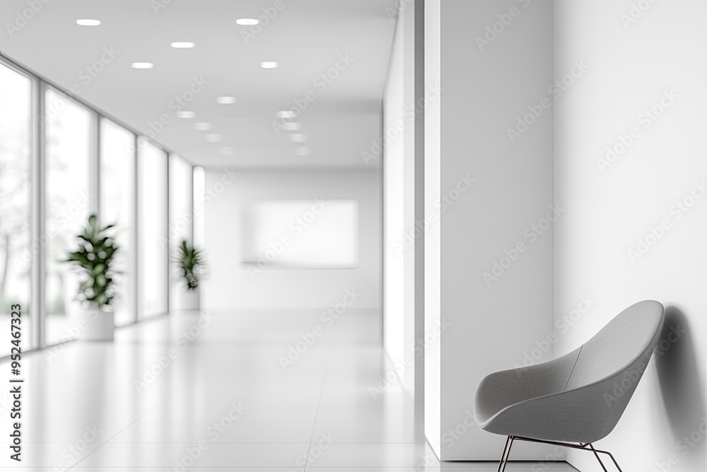 White office hallway with a chair. Perfect for showcasing modern office interiors or workplace designs. White office hallway with a chair. Perfect for showcasing modern office interiors or workplace designs.