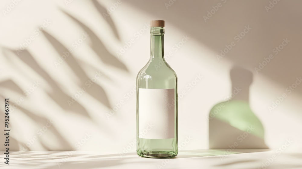 Elegant Glass Bottle Mockup with Blank Label on Light Background | Subtle Reflections and Lighting for Branding Presentation Elegant Glass Bottle Mockup with Blank Label on Light Background | Subtle Reflections and Lighting for Branding Presentation