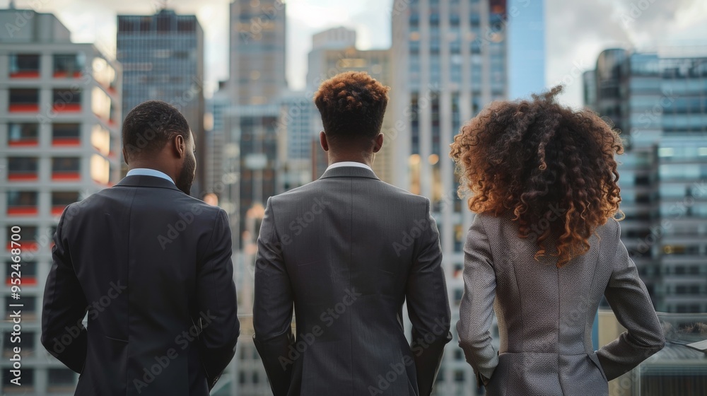 A group of business professionals is looking out over a sprawling cityscape below them A group of business professionals is looking out over a sprawling cityscape below them