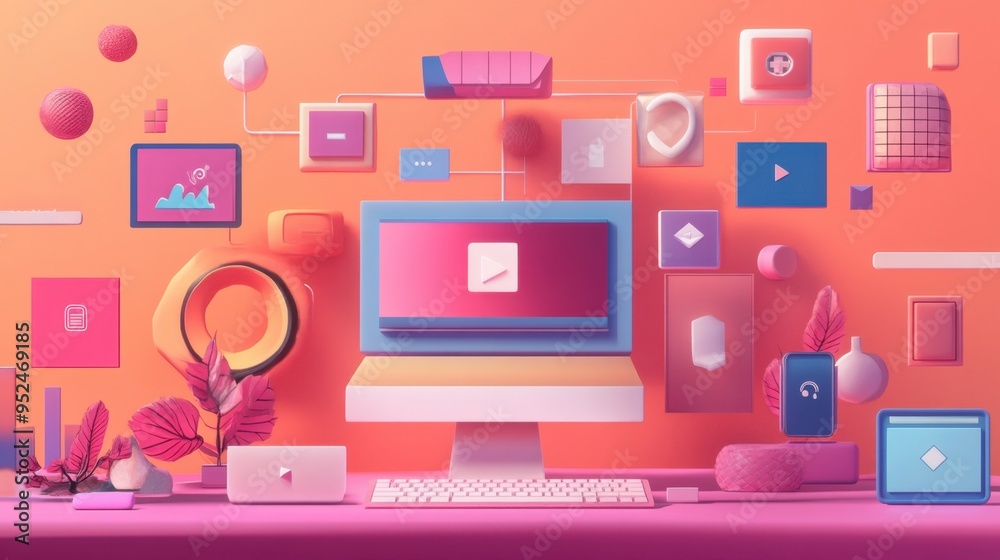 Website interface concept with a minimalist design, utilizing flat icons and soft gradients for a modern digital aesthetic Website interface concept with a minimalist design, utilizing flat icons and soft gradients for a modern digital aesthetic