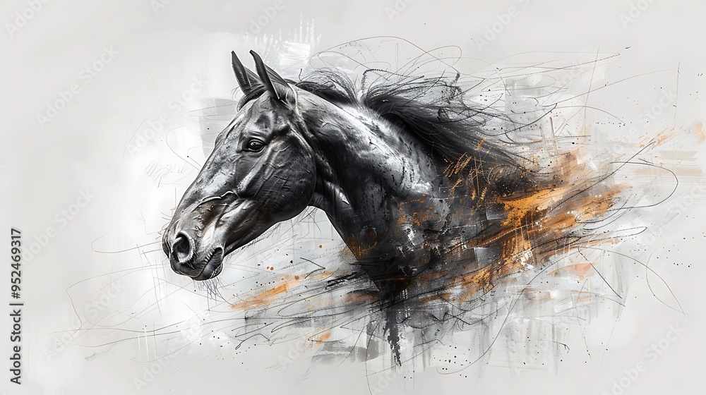 A black horse's head with a flowing mane, painted in a contemporary abstract style. A black horse's head with a flowing mane, painted in a contemporary abstract style.