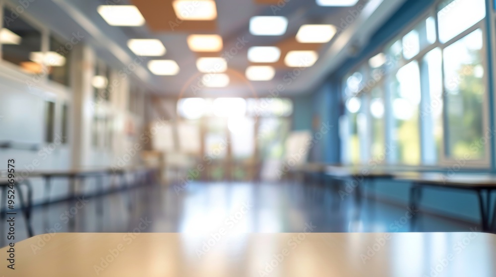 Fototapeta premium Blurred background. A Brightly Lit and Empty Classroom that Features a Modern and Innovative Design Concept
