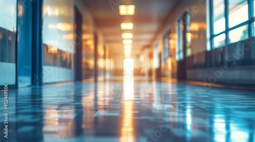 Blurred background. A Bright and Spacious Hospital Hallway Filled with Abundant Natural Light Creating a Warm Atmosphere