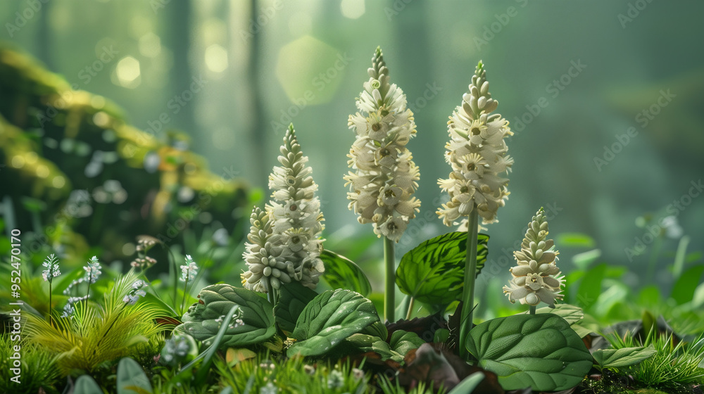 Elegant white flowers bloom amidst lush green foliage in a serene forest setting, bathed in soft light. Elegant white flowers bloom amidst lush green foliage in a serene forest setting, bathed in soft light.