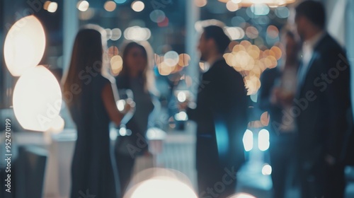 Blurred background. An Elegant Evening Event Featuring Guests Engaged in Socializing Within a Modern Setting