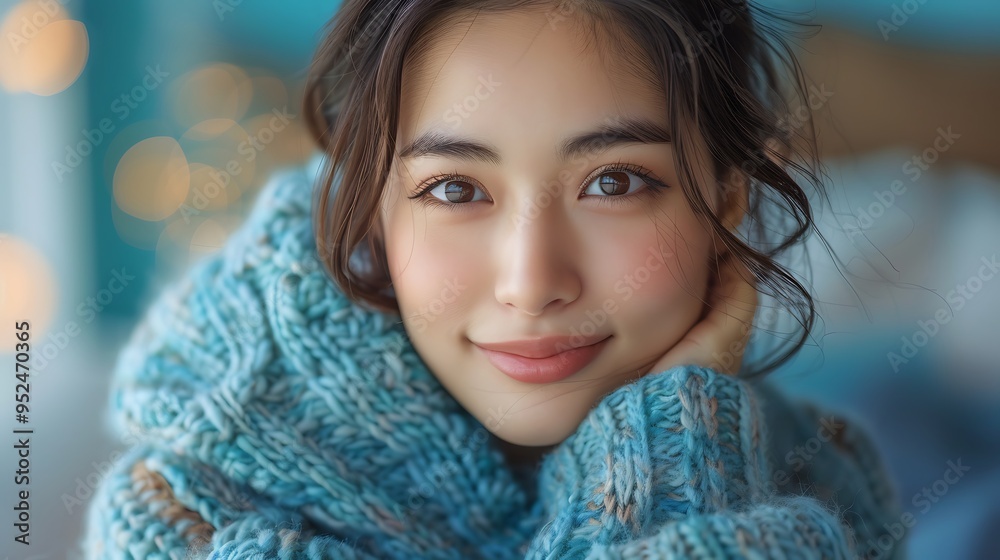 A close-up portrait of a smiling young woman with long dark hair wearing a blue knitted sweater. A close-up portrait of a smiling young woman with long dark hair wearing a blue knitted sweater.