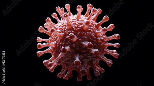 Produce a frontal view image of a magnified Influenza Flu, virus, showcasing its detailed structure and texture in a realistic digital illustration photo