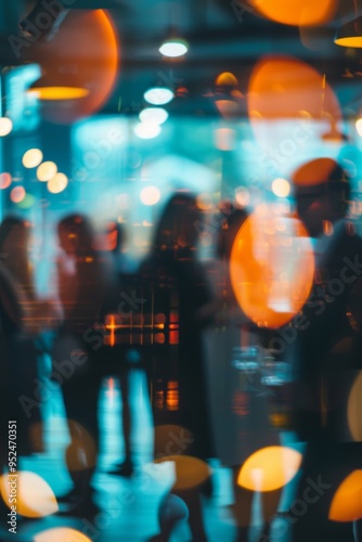 Blurred background. A Stylish Social Event characterized by enchanting Bokeh Lights illuminating groups of People
