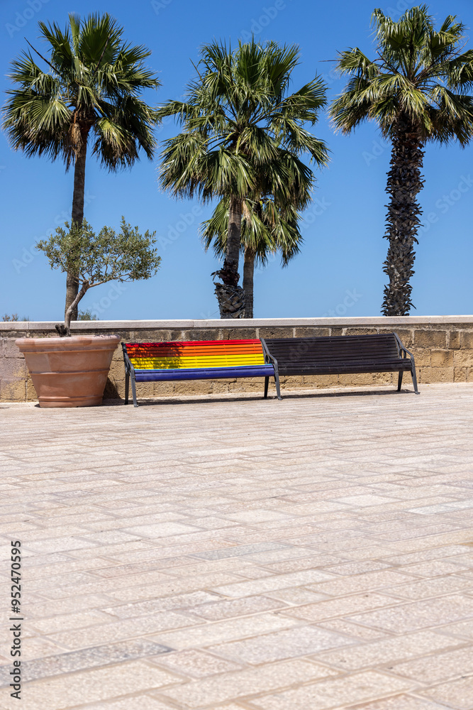Fort of Sant'Antonio (Fortino Sant' Antonio) with a bench in a six-colored rainbow representing the LGBT community, Bari, Italy