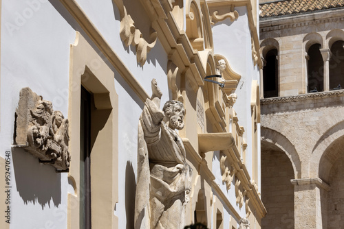 Decorative facade of Roman Catholic Archdiocese of Bari-Bitonto, located next to Bari Cathedral, Bari, Italy, Apulia