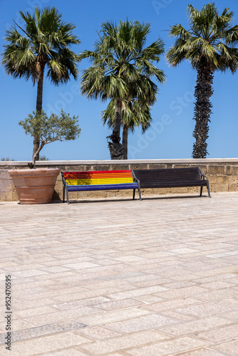 Obraz na płótnie Fort of Sant'Antonio (Fortino Sant' Antonio) with a bench in a six-colored rainbow representing the LGBT community, Bari, Italy w salonie