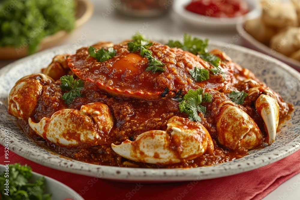 Steamed Crab in Spicy Red Sauce with Parsley Garnish Steamed Crab in Spicy Red Sauce with Parsley Garnish