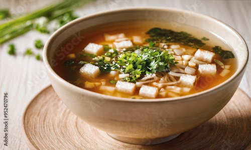 A warm bowl of soba noodle soup featuring tender tofu, fresh green onions, and a clear broth served in a classic ceramic dish.