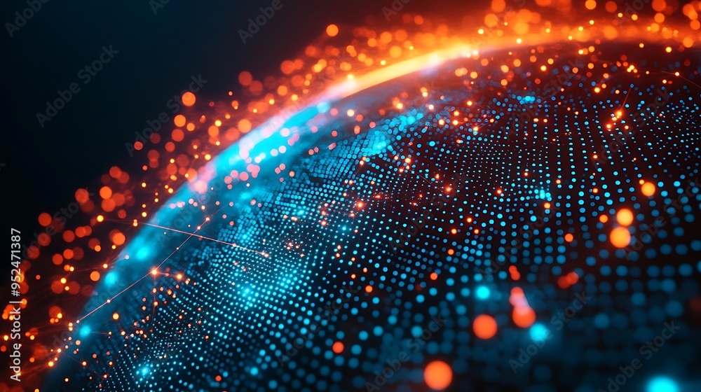 Abstract 3D Illustration of a Blue and Orange Glowing Sphere with Connected Dots Abstract 3D Illustration of a Blue and Orange Glowing Sphere with Connected Dots