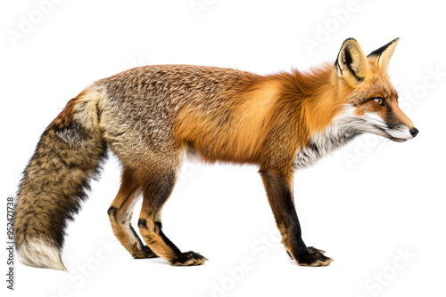 a fox standing on a white surface with a white background