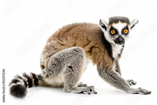 a lemur sitting on the ground with its eyes open