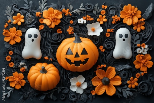 Wallpaper Mural 3D clay design of Halloween decorations with pumpkins and ghosts on a dark gray background with orange floral patterns and white flowers. Torontodigital.ca