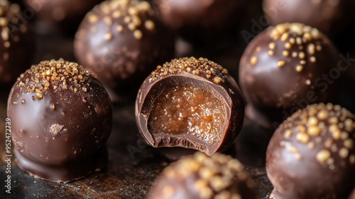 A close-up of durian-flavored chocolate truffles, showing the rich, decadent filling inside